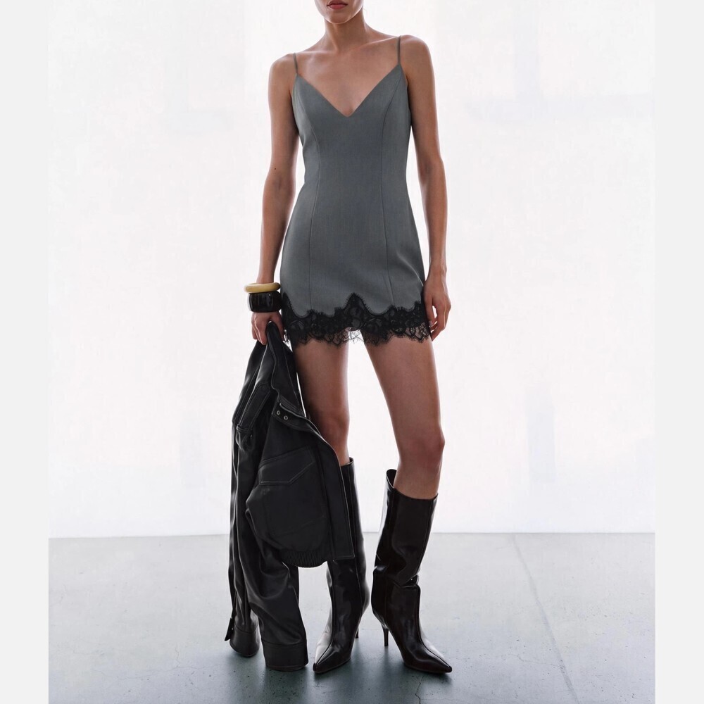 Gray Lace Trim Spaghetti Strap Slim Fit V-Neck Mini Slip Dress